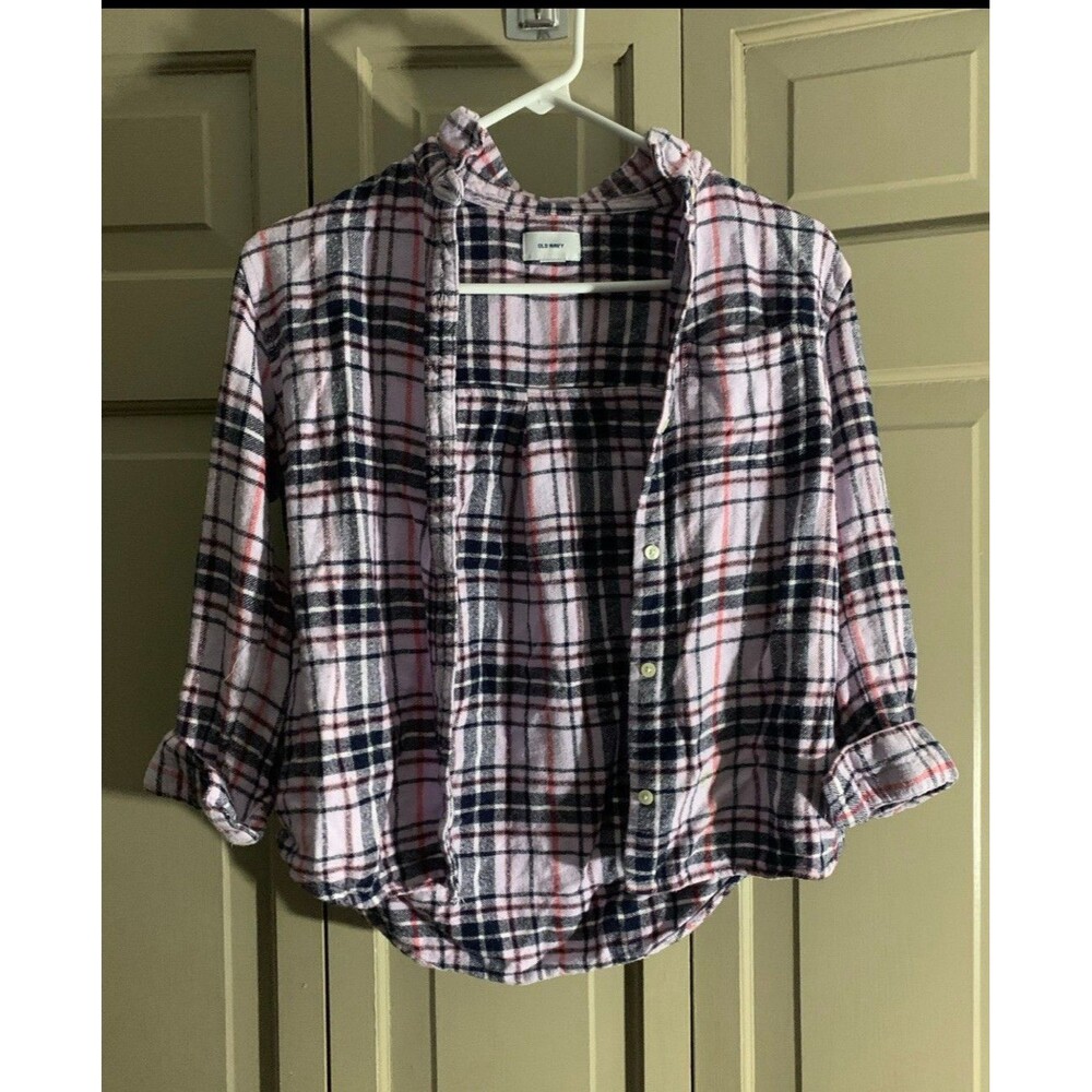 Old Navy Plaid Pink Flannel Collared Button-Up 3/4 Sleeve Shirt Women XL
